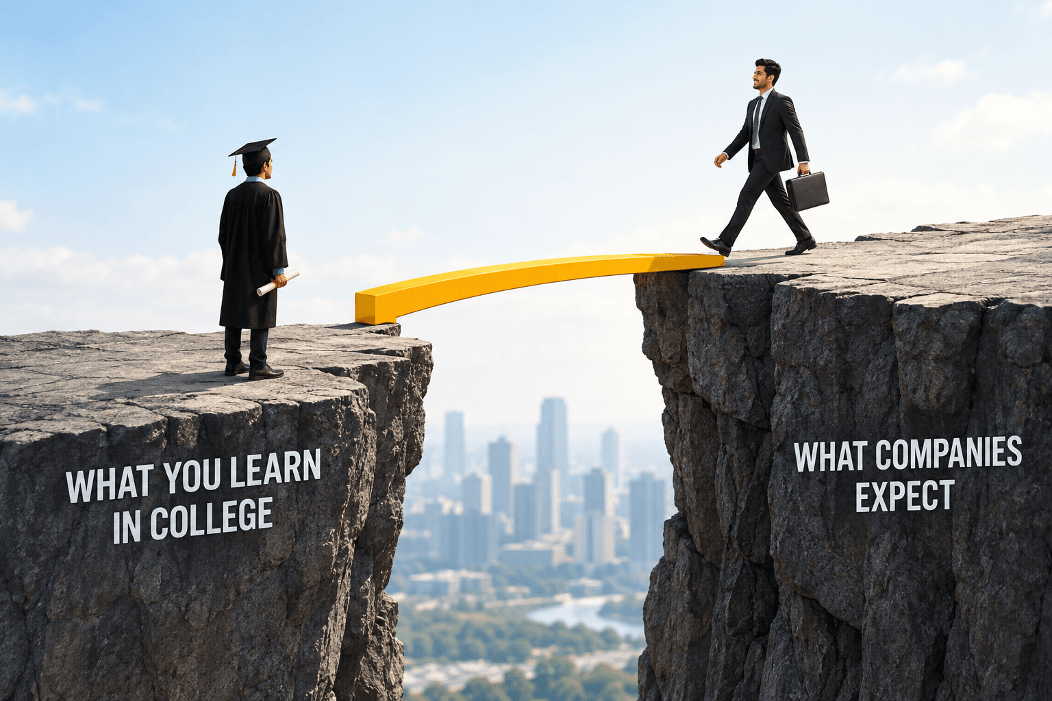 A graduate stands on one clifftop labelled 'what you learn in college'; a professional walks towards another labelled 'what companies expect', across a gold bridge spanning the gap between them.